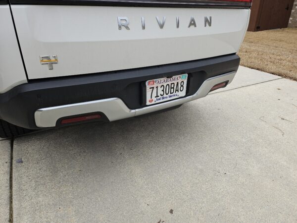 License plate tool holder (LPTH) set installed on a Rivian R1T with no license plate frame.