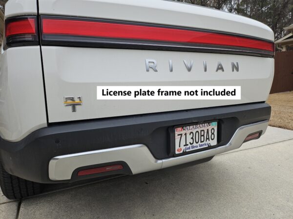 License plate tool holder (LPTH) set installed on a Rivian R1T with a simple black license plate frame (not included) installed.