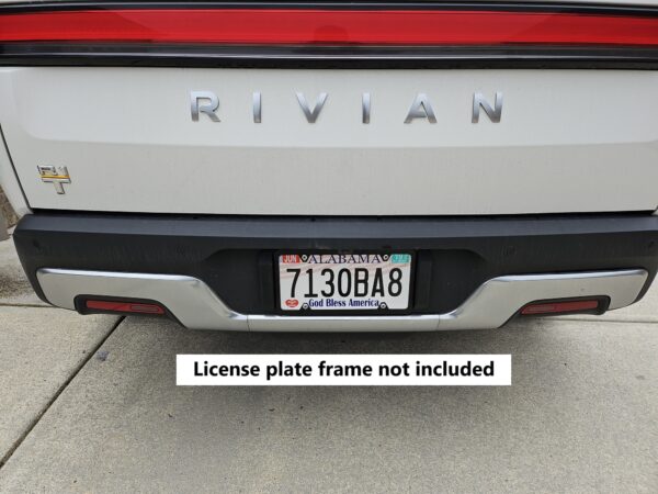 Front view of the license plate tool holder (LPTH) set installed on a Rivian R1T with a simple black license plate frame (not included).